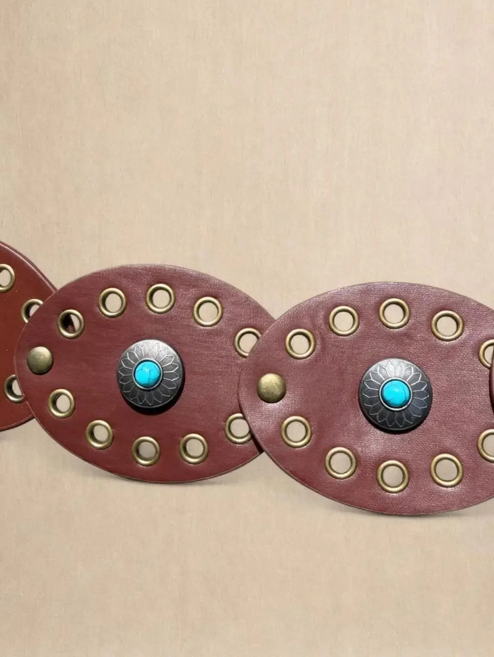 Y2K brown faux leather belt with turquoise and bronze conchos